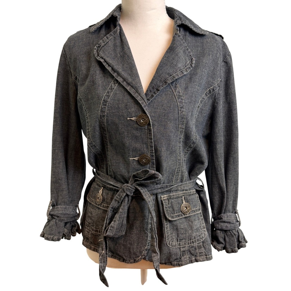 Denim Jacket Womens S‎ Dark Wash Belted Ruffle Cuff Boho Utility Y2K DFA NY